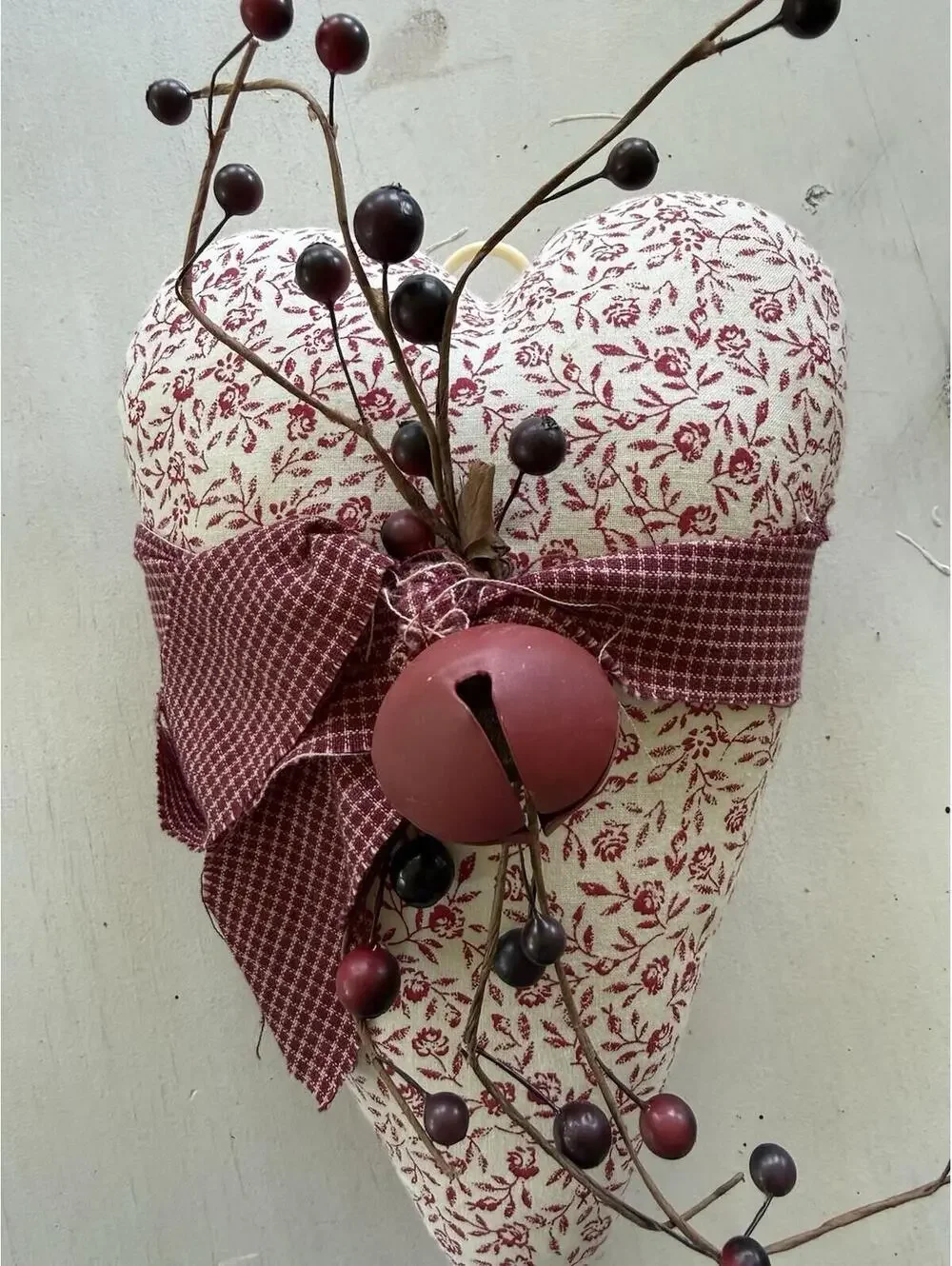 Primitive Country Fabric Heart w/berries/ bell Farmhouse country patriotic